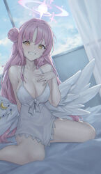 Rule 34 | 1girl, absurdres, alternate costume, bare legs, bare shoulders, bed sheet, blue archive, blush, breasts, cleavage, curtains, dress, feathered wings, hair bun, halo, highres, indoors, large breasts, looking at viewer, mansu (user pnmp4287), mika (blue archive), pink hair, single side bun, sitting, smile, solo, wariza, white dress, white wings, window, wings, yellow eyes