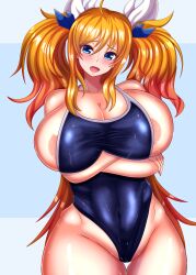 Rule 34 | 1girl, absurdres, artist request, blonde hair, breast press, breasts, crossed arms, curvy, highres, huge breasts, kanna (minamozuki), long hair, looking at viewer, one-piece swimsuit, onizaki kirara, shiny skin, swimsuit, taimanin (series), taimanin rpgx, twintails, very long hair, wide hips