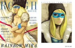 Rule 34 | 1990s (style), 1girl, alexander rubzow, alternate hairstyle, bad id, bad tumblr id, blonde hair, blue eyes, bracelet, breasts, capcom, cleavage, coat, cover, covering privates, covering breasts, fake cover, fur collar, fur hat, hat, jewelry, large breasts, lips, long hair, magazine cover, mask, navel, nude, rainbow mika, ribbon, solo, street fighter, street fighter zero (series), ushanka, winter clothes, winter coat