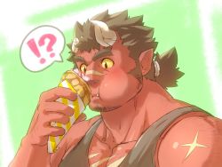 Rule 34 | !, 1boy, ?, bara, black tank top, blush, broken horn, brown hair, cheek bulge, chest hair, colored sclera, colored skin, cross scar, demon boy, eating, facial hair, fang, food request, goatee, horns, katoributa a, long sideburns, male focus, mature male, muscular, muscular male, oni horns, orgus (f-kare), pectoral cleavage, pectorals, red skin, scar, scar on arm, scar on chest, scar on face, scar on nose, short hair, shoukan yuusha to f-kei kareshi, sideburns, sidepec, solo, spoken exclamation mark, spoken question mark, stubble, tank top, thick eyebrows, tokyo houkago summoners, upper body, yellow sclera