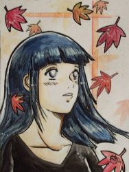 Rule 34 | 1girl, artist request, autumn, black shirt, blue hair, blush, byakugan, collarbone, empty eyes, floating hair, hime cut, hyuuga hinata, leaf, leaves, long hair, looking to the side, looking up, naruto, naruto (series), naruto shippuuden, no pupils, parted lips, pts, shirt, solo, teeth, white eyes, wind