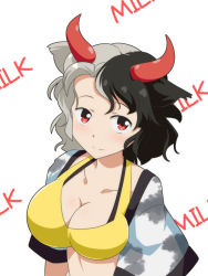 Rule 34 | 1girl, animal ears, animal print, black hair, blush, breasts, cato (monocatienus), cleavage, collarbone, commentary request, cow ears, cow horns, cow print, crop top, grey hair, haori, horns, japanese clothes, large breasts, looking at viewer, midriff, multicolored hair, red eyes, short hair, short sleeves, simple background, smile, solo, split-color hair, sports bra, touhou, two-tone hair, upper body, ushizaki urumi, white background, wide sleeves