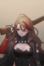 Rule 34 | 1girl, black gloves, breasts, character name, cleavage, cleavage cutout, clothing cutout, girls&#039; frontline, gloves, gun, hair between eyes, highres, jacket, jewelry, lever action, light brown hair, lion (dielion), m1887 (girls&#039; frontline), multicolored hair, red hair, shotgun, streaked hair, turtleneck, weapon