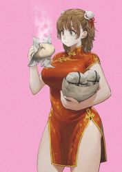 Rule 34 | 1girl, baozi, breasts, brown eyes, brown hair, china dress, chinese clothes, dress, drooling, food, highres, jun (navigavi), large breasts, original, thick thighs, thighs
