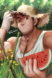 Rule 34 | 1boy, bara, bare arms, bare shoulders, beard, brown hair, facial hair, gloves, green eyes, hat, highres, large pectorals, looking at viewer, male focus, muscular, muscular male, original, pectoral cleavage, pectorals, powerlesssong, short hair, smile, solo, stubble, sun hat, sunlight, sweat, tank top, upper body, watermelon, watermelon slice, white gloves, white tank top