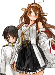 Rule 34 | 10s, 1boy, 1girl, ahoge, bare shoulders, black hair, black skirt, blush, brown hair, detached sleeves, double bun, frilled skirt, frills, hair over one eye, hairband, holding hands, hetero, kantai collection, kongou (kancolle), little boy admiral (kancolle), long hair, long sleeves, military, military uniform, nontraditional miko, remodel (kantai collection), ribbon-trimmed sleeves, ribbon trim, sachito, short hair, simple background, skirt, uniform, white background