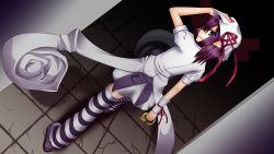 Rule 34 | 1girl, female focus, gradient background, green eyes, hat, highres, indoors, looking back, merry nightmare, open mouth, pointy ears, purple hair, ribbon, short hair, skirt, slavedoll, solo, striped clothes, striped thighhighs, thighhighs, wristband, yumekui merry