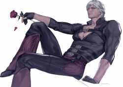 Rule 34 | 1boy, backless pants, black footwear, blue eyes, chaps, coat, crossed legs, dante (devil may cry), devil may cry, devil may cry (series), devil may cry 4, fingerless gloves, flower, gloves, hair over one eye, highres, holding, holding flower, leather, long eyelashes, looking at viewer, male focus, mature male, muscular, nonnon9977, pants, pectorals, red flower, red rose, rose, shirt, simple background, smile, solo, toned, toned male, trench coat, white hair