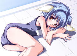 Rule 34 | 00s, 1girl, animal ears, blue hair, dutch angle, galaxy angel, green eyes, looking at viewer, mint blancmanche, school swimsuit, short hair, solo, swimsuit, yellow eyes