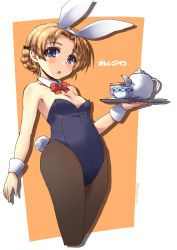 Rule 34 | 10s, 1girl, alternate costume, animal ears, black bow, black leotard, black pantyhose, blue eyes, bow, bowtie, braid, breasts, character name, cropped legs, cup, detached collar, fake animal ears, fake tail, girls und panzer, hair bow, holding, leotard, looking at viewer, orange hair, orange pekoe (girls und panzer), outside border, pantyhose, parted bangs, parted lips, playboy bunny, rabbit ears, rabbit tail, red bow, red bowtie, saucer, shadow, shinshin, short hair, small breasts, solo, standing, strapless, strapless leotard, tail, teacup, teapot, tray, twin braids, twitter username, wrist cuffs