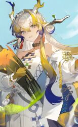 Rule 34 | 1girl, arknights, bare shoulders, beads, blonde hair, chinese commentary, commentary request, cowboy shot, cropped, daoyu zhenghou, dragon girl, dragon horns, earrings, grey eyes, grey hair, hair between eyes, hair intakes, highres, holding, holding plant, horns, jacket, jewelry, long hair, long sleeves, looking at viewer, multicolored hair, necklace, off shoulder, open clothes, open jacket, open mouth, pants, plant, pointy ears, purple hair, purple horns, sheaf, shu (arknights), smile, solo, strapless, tube top, unzipped, watermark, weibo logo, wheat, white horns, white jacket, white pants, white tube top, yellow horns, zipper