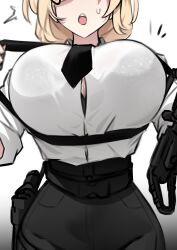 Rule 34 | 1girl, absurdres, accident, assault rifle, belt, black bra, black necktie, black pants, blonde hair, bra, bra visible through clothes, breast lift, breasts, cleavage, clumsy, entangled, gun, gun sling, handgun, high-waist pants, highres, holding, holding gun, holding weapon, holster, k0ng, large breasts, long hair, merc-san (k0ng), necktie, open mouth, original, pants, rifle, sidelocks, simple background, solo, sweatdrop, underwear, weapon, white background