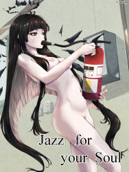 Rule 34 | 1girl, 3 iq tuna, antenna hair, arknights, artist name, ass, black eyes, black hair, black halo, black wings, blunt bangs, breasts, bright pupils, broken halo, brown pubic hair, collarbone, colored inner hair, commentary, completely nude, covered mouth, cowboy shot, crossed legs, dark halo, detached wings, dutch angle, energy wings, english commentary, english text, eyelashes, female pubic hair, fingernails, fire extinguisher, from side, grey hair, groin, hallway, halo, hands up, highres, hime cut, holding, indoors, jazz for your soul (meme), long hair, looking afar, looking ahead, medium breasts, meme, multicolored hair, navel, nipples, nude, pale skin, pubic hair, self-harm, shade, shadow, sidelocks, solo, standing, stomach, thighs, twitter username, two-tone hair, variant set, very long hair, virtuosa (arknights), wall, wallpaper (object), white pupils, wings, you&#039;re doing it wrong