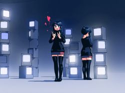 Rule 34 | 1girl, black eyes, black hair, black sweater, black thighhighs, bug, butterfly, commentary, dual persona, english commentary, highres, insect, long sleeves, monitor, noyemik, open mouth, original, pink butterfly, purple skirt, shadow, sidelocks, skirt, sweater, thighhighs, zettai ryouiki