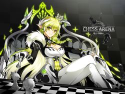 Rule 34 | 1girl, aisha landar, artist request, braid, breasts, chess piece, chessboard, cleavage, cleavage cutout, clothing cutout, clothing request, crown, earrings, elsword, elsword (character), gradient hair, green eyes, green hair, jewelry, large breasts, long hair, looking at viewer, multicolored hair, official art, rena erindel, sitting, smile, solo