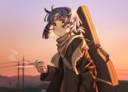 Rule 34 | 1girl, black coat, blue hair, bocchi the rock!, brown scarf, brown sweater, cigarette, coat, guitar case, highres, holding, holding cigarette, instrument case, morning, myjet, outdoors, power lines, scarf, smoke, solo, sweater, utility pole, yamada ryo, yellow eyes