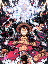 Rule 34 | abs, black hair, coat, coat on shoulders, gear fifth, gear fourth, gear second, gear third, glowing, hat, highres, looking at viewer, lydart mclo, monkey d. luffy, multiple persona, muscular, muscular male, one piece, open clothes, open shirt, own hands together, red eyes, scar, scar on chest, scar on face, short hair, smile, spoilers, straw hat, white hair