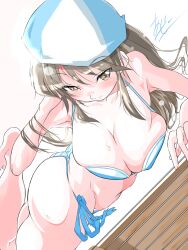 Rule 34 | 1girl, artist name, azechi kiyochi, barefoot, bikini, blue bikini, blue hat, breasts, brown eyes, brown hair, cleavage, closed mouth, dutch angle, girls und panzer, halterneck, hand in own hair, hat, highres, instrument, kantele, large breasts, leg up, long hair, looking at viewer, lying, mika (girls und panzer), navel, on stomach, side-tie bikini bottom, signature, simple background, smile, solo, swimsuit, tulip hat, wet, white background