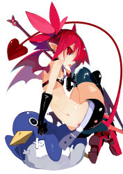 Rule 34 | 1girl, absurdres, black thighhighs, demon girl, demon tail, demon wings, disgaea, elder spear, etna (disgaea), from behind, highres, holding, holding polearm, holding spear, holding weapon, looking at viewer, makai senki disgaea, miyakawa106, pointy ears, polearm, prinny, red eyes, red hair, slit pupils, solo, spear, tail, thighhighs, tongue, tongue out, twintails, weapon, wings