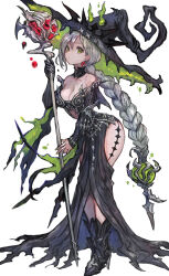 Rule 34 | 1girl, absurdres, armored boots, ass cutout, bare shoulders, black dress, black hat, boots, breasts, claws, cleavage, closed mouth, clothing cutout, dangle earrings, dress, earrings, full body, green eyes, green hat, green nails, grey hair, hat, highres, holding, holding staff, jewelry, long braid, long dress, long hair, looking at viewer, mage staff, medium breasts, nail polish, off-shoulder dress, off shoulder, original, sabamiso taro, simple background, solo, staff, standing, two-sided fabric, two-sided headwear, very long hair, white background, witch, witch hat