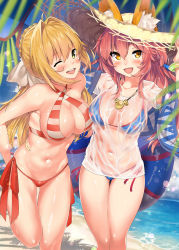 Rule 34 | 10s, 2girls, ahoge, animal ear fluff, animal ears, arms behind back, bare shoulders, beach, bikini, blue bikini, blush, bracelet, breasts, cleavage, collarbone, covered navel, criss-cross halter, day, ears through headwear, fang, fate/extra, fate/grand order, fate (series), fox ears, fox tail, green eyes, hair intakes, hair ribbon, halterneck, hat, highres, hip focus, holding, holding clothes, holding hat, innertube, jewelry, kawai (purplrpouni), large breasts, long hair, multiple girls, navel, necklace, nero claudius (fate), nero claudius (fate) (all), nero claudius (swimsuit caster) (fate), ocean, one eye closed, open mouth, outdoors, palm tree, parasol, pink hair, print bikini, red bikini, ribbon, shirt, side-tie bikini bottom, smile, straw hat, striped bikini, striped clothes, swim ring, swimsuit, tail, tamamo (fate), tamamo no mae (fate/extra), tamamo no mae (swimsuit lancer) (fate), tamamo no mae (swimsuit lancer) (second ascension) (fate), thighs, tree, umbrella, wet, wet clothes, wet shirt, white ribbon, yellow eyes
