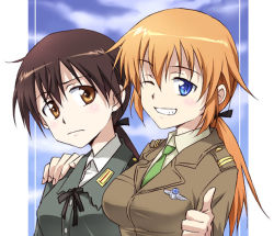 Rule 34 | 2girls, agahari, alternate hairstyle, charlotte e. yeager, gertrud barkhorn, hand on shoulder, multiple girls, one eye closed, ponytail, smile, strike witches, thumbs up, uniform, wink, world witches series