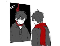 Rule 34 | 1boy, bags under eyes, commentary request, different reflection, double-parted bangs, drawstring, empty eyes, fringe trim, from behind, greyscale, hair between eyes, hood, hood down, hoodie, jitome, kagerou project, kisaragi shintarou, long bangs, looking at mirror, male focus, mirror, monochrome, noose, partial commentary, red scarf, reflection, rope, rope around neck, sanpaku, scarf, short hair, simple background, sketch, spot color, upper body, wastegoma