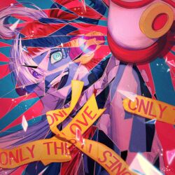 Rule 34 | 1girl, blue eyes, broken glass, caution tape, crazy eyes, crazy smile, glass, glass shards, headgear, heterochromia, highres, long hair, looking at viewer, multicolored hair, one piece, one piece film: red, open mouth, photo (object), ponytail, purple eyes, red hair, smile, st ifku, teeth, two-tone hair, uta (one piece), white hair