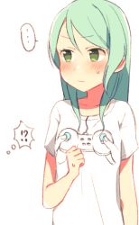 Rule 34 | !?, ..., 1girl, :|, aqua hair, bang dream!, blush, clenched hand, closed mouth, commentary request, controller, game controller, green eyes, hikawa sayo, long hair, print shirt, shirt, short sleeves, simple background, solo, spoken ellipsis, sweatdrop, t-shirt, v-shaped eyebrows, white background, white shirt, yae (eky 567)