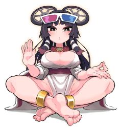 Rule 34 | 1girl, 3d glasses, anklet, barefoot, blush, breasts, cleavage, eyewear on head, facial mark, feet, forehead mark, full body, gashi-gashi, highres, indian style, japanese clothes, jewelry, large breasts, looking at viewer, necklace, no bra, original, simple background, sitting, soles, spread legs, toes, white background