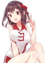 Rule 34 | 10s, 1girl, breasts, brown eyes, brown hair, commentary, girls und panzer, headband, kondou taeko, large breasts, looking at viewer, open mouth, red headband, red shirt, red shorts, shirt, short hair, short shorts, shorts, single vertical stripe, sitting, sleeveless, sleeveless shirt, smile, solo, sportswear, tam a mat, upper body, v, volleyball uniform