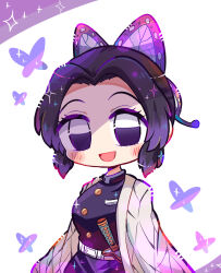 Rule 34 | 1girl, arms at sides, belt, belt buckle, black hair, blush, breasts, buckle, bug, butterfly, butterfly hair ornament, buttons, colored lineart, deformed, demon slayer uniform, gradient hair, hair ornament, haori, highres, insect, jacket, japanese clothes, kimetsu no yaiba, kochou shinobu, looking at viewer, medium breasts, multicolored hair, no pupils, open clothes, open mouth, parted bangs, partially shaded face, patterned clothing, pepoyo, purple butterfly, purple eyes, purple hair, purple jacket, short hair, sidelocks, smile, solo, sparkle, sword, turtleneck, turtleneck jacket, two-tone hair, weapon, white background, white belt