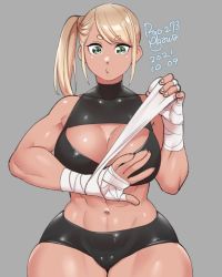 Rule 34 | 1girl, abs, agawa ryou, artist name, bandaged hand, bandages, bare shoulders, black shirt, black shorts, blonde hair, breast cutout, breasts, cleavage, commentary, covered collarbone, cowboy shot, crop top, dark-skinned female, dark skin, dated, english commentary, green eyes, grey background, holding bandages, large breasts, long hair, looking at hand, muscular, muscular female, navel, numbered, original, shirt, short eyebrows, short shorts, shorts, side ponytail, sidelocks, simple background, skindentation, solo, standing, swept bangs, wide hips