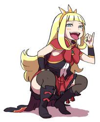 Rule 34 | 1girl, blonde hair, blue eyes, cagliostro (granblue fantasy), circlet, fellatio gesture, granblue fantasy, long hair, looking at viewer, shadow, solo, squatting, thighhighs, tongue, tongue out, white background, yoshino norihito