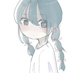 Rule 34 | 1girl, aqua hair, from side, long hair, looking at viewer, looking to the side, multi-tied hair, original, shiromesea, shirt, simple background, solo, twintails, upper body, white background, white shirt