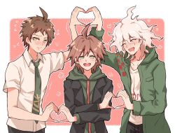 Rule 34 | 3boys, ahoge, arm up, black jacket, blush, brown eyes, brown hair, closed eyes, coat, collared shirt, commentary request, danganronpa: trigger happy havoc, danganronpa (series), danganronpa 2: goodbye despair, drooling, embarrassed, floral print, green coat, green eyes, green hoodie, green neckwear, heart, heart hands, heart hands duo, heart hands trio, heart print, height difference, highres, hinata hajime, hood, hood down, hoodie, jacket, komaeda nagito, long hair, looking at viewer, male focus, mouth drool, multiple boys, naegi makoto, necktie, open clothes, open mouth, open shirt, print shirt, revo toumeijin, shirt, short hair, short sleeves, smile, teeth, upper body, upper teeth only, white hair, white shirt