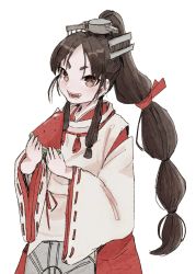 Rule 34 | 1girl, bad id, bad twitter id, black hair, blush, brown eyes, fang, food, fruit, headgear, high ponytail, highres, holding, holding food, holding fruit, japanese clothes, kantai collection, long hair, long sleeves, low-tied long hair, miko, multi-tied hair, nisshin (kancolle), ponytail, ribbon-trimmed sleeves, ribbon trim, short eyebrows, sidelocks, simple background, solo, tori knkr, watermelon, white background, wide sleeves