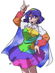 Rule 34 | 1girl, :d, absurdres, blue eyes, blue hair, cape, commentary, dress, eddybird55555, english commentary, hairband, highres, long sleeves, looking at viewer, multicolored clothes, multicolored dress, multicolored hairband, open mouth, pointing, pointing down, pointing up, ringed eyes, short hair, simple background, sky print, smile, solo, tenkyuu chimata, touhou, white background, white cape