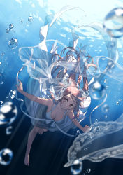 Rule 34 | 1girl, air bubble, barefoot, blurry, blurry foreground, bridal veil, bubble, closed mouth, commentary, day, depth of field, dress, highres, kantoku, kurumi (kantoku), long dress, long hair, looking at viewer, original, pink eyes, pink hair, sleeveless, sleeveless dress, smile, solo, spaghetti strap, swimming, underwater, veil, wedding dress, white dress