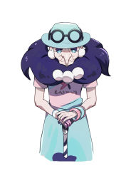 Rule 34 | 1girl, aqua eyes, bangle, bracelet, closed mouth, commentary request, creatures (company), dress, dynamax band, eyeshadow, game freak, gloves, green hat, gym leader, hat, holding, hsin, jewelry, makeup, nail polish, nintendo, old, old woman, opal (pokemon), pokemon, pokemon swsh, purple eyeshadow, purple scarf, scarf, short sleeves, single glove, solo, umbrella, white background, white hair