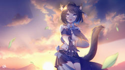Rule 34 | 1girl, absurdres, animal ear fluff, animal ears, antenna hair, backlighting, bell, belt, belt buckle, black belt, black hair, black tail, blue capelet, blue hair, blue shirt, blue shorts, blurry, braid, breasts, buckle, capelet, cat ears, cat tail, chromatic aberration, cleavage, cloud, colored inner hair, cowboy shot, crown, depth of field, epaulettes, falling leaves, fang, fang out, flower, gold trim, hair flower, hair ornament, hayakan shinbun, highres, hill, hoshina suzu, jingle bell, leaf, legs together, light rays, looking at viewer, loose belt, mini crown, multicolored eyes, multicolored hair, multicolored shirt, neck bell, open mouth, outstretched arm, pink eyes, plaid, plaid capelet, plaid shirt, purple eyes, reaching, reaching towards viewer, shirt, short hair, short shorts, shorts, side braid, signature, sky, solo, star (symbol), star hair ornament, sunbeam, sunlight, sunrise, tail, thighs, two-sided capelet, two-tone hair, virtual youtuber, wactor production, white flower, white shirt, wing collar