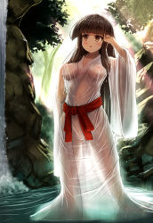 Rule 34 | 1girl, blunt bangs, blush, breasts, brown eyes, brown hair, covered erect nipples, day, ichina (osabakitina), japanese clothes, kimono, long sleeves, medium breasts, original, outdoors, parted lips, sash, see-through, solo, water, wet, wet clothes, wide sleeves