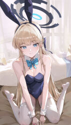 Rule 34 | 1girl, absurdres, animal ears, bare shoulders, blonde hair, blue archive, blue eyes, blue hairband, blue halo, blue leotard, breasts, cleavage, closed mouth, collarbone, detached collar, earrings, fake animal ears, full body, hairband, halo, highres, jewelry, leotard, long hair, looking at viewer, medium breasts, multicolored hair, no shoes, official alternate costume, playboy bunny, rabbit ears, s-aku-ra, sitting, smile, solo, straight hair, streaked hair, stud earrings, thighhighs, toki (blue archive), toki (bunny) (blue archive), very long hair, wariza, white thighhighs, wrist cuffs