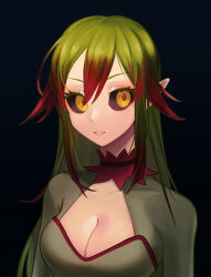 Rule 34 | 1girl, black background, black sclera, breasts, bustier, choker, cleavage, cleavage cutout, clothing cutout, colored sclera, cropped torso, espinas, green hair, green sleeves, highres, looking at viewer, medium breasts, monster hunter, monster hunter (series), monster hunter frontier, multicolored hair, parted lips, personification, pointy ears, red choker, red hair, solo, two-tone hair, user ttug5452, yellow eyes