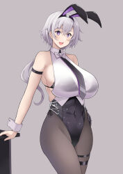 Rule 34 | 1girl, :d, animal ears, arm strap, arm support, azur lane, bare shoulders, bikini, bikini top only, bikini under clothes, black bikini, black hairband, black leotard, black necktie, black pantyhose, bow, bowtie, breasts, collarbone, commentary request, cowboy shot, earrings, fake animal ears, grey background, grey hair, hair between eyes, hairband, hand on own hip, highres, jewelry, kusano (torisukerabasu), large breasts, leotard, long hair, low ponytail, mechanical hands, necktie, official alternate costume, open mouth, pantyhose, partial commentary, playboy bunny, purple eyes, rabbit ears, reno (azur lane), reno (reno bunnino) (azur lane), see-through, see-through shirt, shirt, side-tie leotard, sideboob, sidelocks, simple background, single mechanical hand, skindentation, sleeveless, sleeveless shirt, smile, solo, standing, stud earrings, swimsuit, table, thigh strap, white bow, white bowtie, white shirt, wrist cuffs