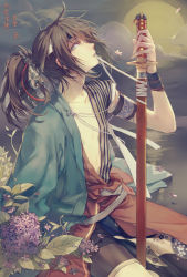 Rule 34 | 1boy, aqua eyes, armband, between legs, brown hair, cloud, collarbone, cowboy shot, dew drop, erjiu, floral print, flower, forehead protector, from side, full moon, hair ribbon, haori, high ponytail, highres, holding, holding sword, holding weapon, hydrangea, japanese clothes, kimono, long hair, long sleeves, looking at viewer, loose clothes, male focus, messy hair, moon, mouth hold, night, night sky, off shoulder, pectorals, petals, pink flower, purple flower, reflection, ribbon, ribbon in mouth, sash, shinsengumi, shinsengumi mokuhiroku wasurenagusa, short sleeves, sitting, sky, solo, striped, sword, toudou heisuke (wasurenagusa), vertical stripes, wasurenagusa (rejet), water, water drop, weapon, white ribbon, wide sleeves, wristband