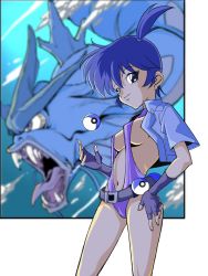 Rule 34 | 1girl, artist request, bare legs, black hair, breasts, creatures (company), fangs, fingerless gloves, game freak, gen 1 pokemon, gloves, gyarados, gym leader, hand on own hip, highleg, highleg swimsuit, highres, looking at viewer, looking to the side, medium breasts, misty (pokemon), nintendo, one-piece swimsuit, poke ball, pokemon, pokemon: the electric tale of pikachu, pokemon (creature), ponytail, sharp teeth, shiny skin, side ponytail, sideboob, slingshot swimsuit, smile, standing, swimsuit, teeth, underwater, water