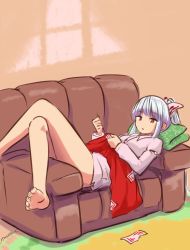 Rule 34 | 1girl, alternate hairstyle, barefoot, blue hair, bottomless, bow, buttons, collared shirt, couch, fujiwara no mokou, hair bow, highres, indoors, crossed legs, lying, miyo (ranthath), needle, on back, pants, unworn pants, ponytail, red eyes, red pants, sewing, sewing needle, shirt, sidelocks, solo, touhou, white shirt