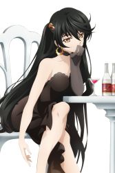 Rule 34 | 1girl, alcohol, black hair, bottle, chair, cocktail, cocktail glass, cup, dress, drinking glass, earrings, female focus, hair ornament, hairclip, jewelry, crossed legs, sitting, solo, table, tales of (series), tales of berseria, velvet crowe, yellow eyes