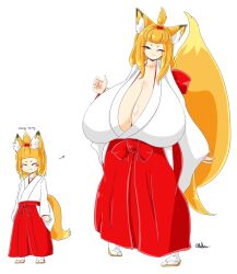 Rule 34 | 1girl, ahoge, animal ear fluff, animal ears, ayazumi flutter, before and after, blonde hair, breast expansion, breasts, cleavage, closed eyes, female focus, fox ears, fox girl, fox tail, full body, gigantic breasts, growth, japanese clothes, looking at viewer, miko, mole, mole on breast, one eye closed, red cheeks, sandals, shiny skin, smile, solo, standing, tail, tail raised, white background, wink